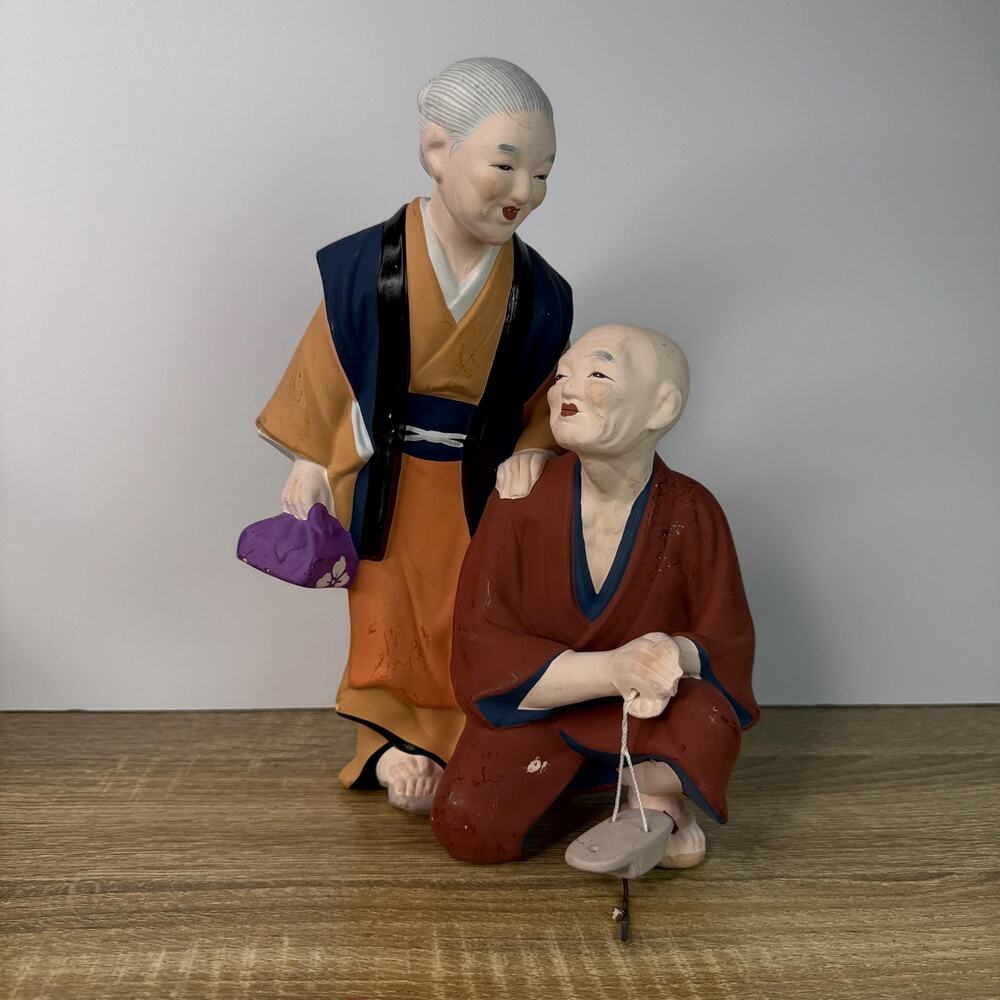 Vintage Japanese Hakata Doll Elderly Couple Mid Century Figurine Chalkware